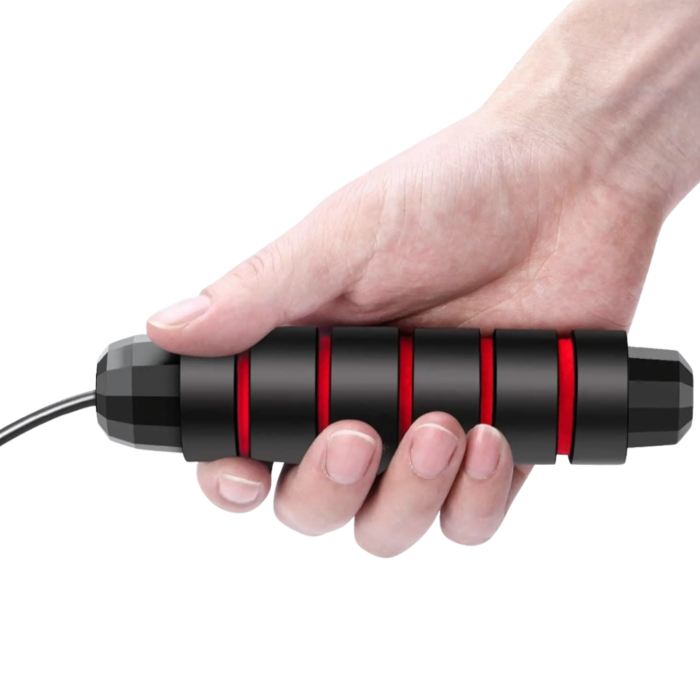 Corde à sauter BrutRope noire avec poignées antidérapantes et bandes rouges. Idéale pour cardio, endurance et entraînement musculaire complet.