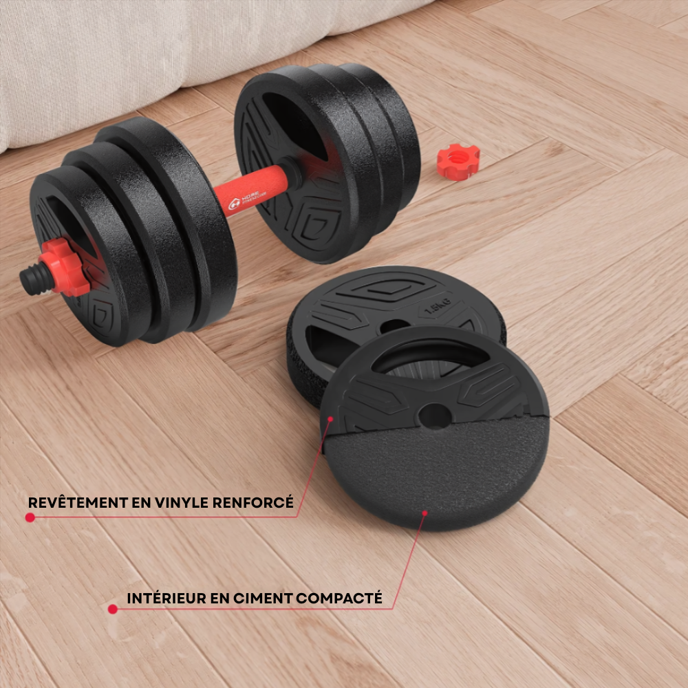 Kit de musculation FitCore 4-en-1 avec haltères, barre, kettlebell et poignées. Équipement complet pour entraînement à domicile, charge modulable.