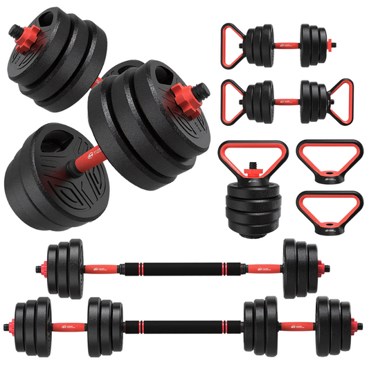 Kit de musculation FitCore 4-en-1 avec haltères, barre, kettlebell et poignées. Équipement complet pour entraînement à domicile, charge modulable.