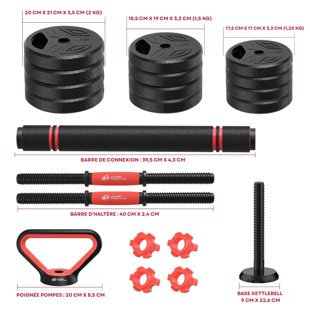 Kit de musculation FitCore 4-en-1 avec haltères, barre, kettlebell et poignées. Équipement complet pour entraînement à domicile, charge modulable.