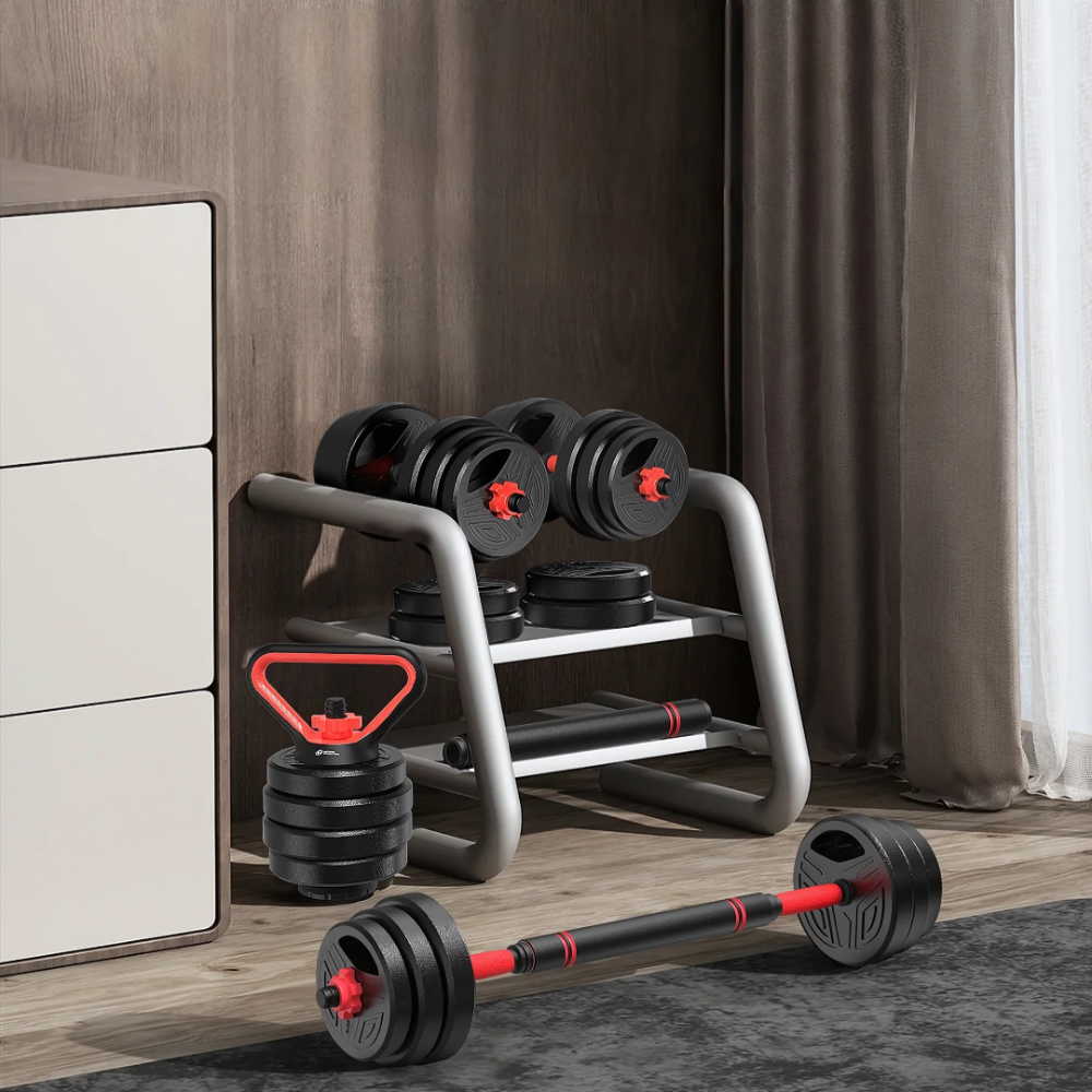 Kit de musculation FitCore 4-en-1 avec haltères, barre, kettlebell et poignées. Équipement complet pour entraînement à domicile, charge modulable.