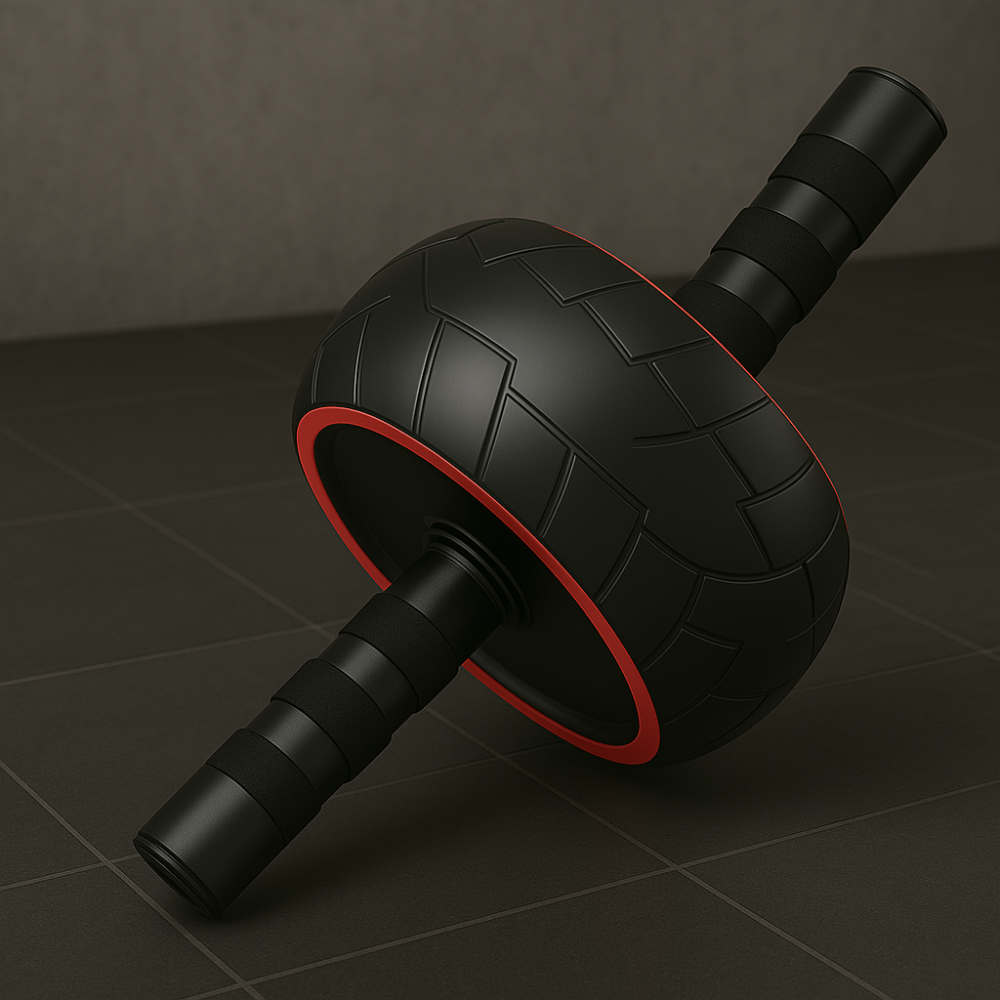Roue abdominale FitForce noire avec bande rouge, idéale pour le renforcement du tronc, des bras et du dos. Accessoire de musculation compact et efficace.