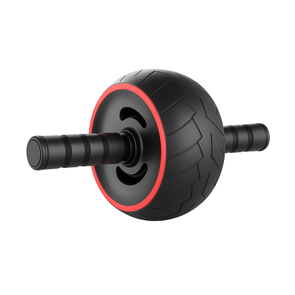Roue abdominale FitForce noire avec bande rouge, idéale pour le renforcement du tronc, des bras et du dos. Accessoire de musculation compact et efficace.