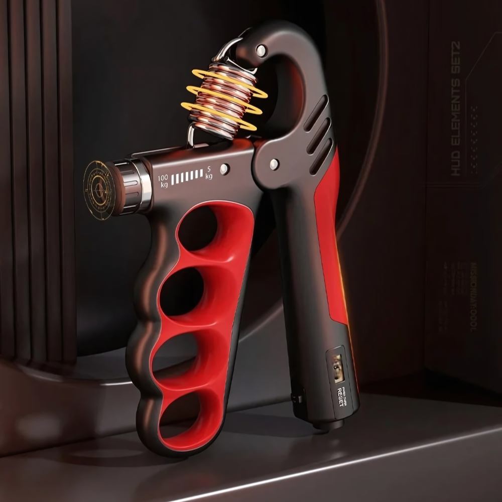 GripMaster noir et rouge avec ressort réglable, outil de renforcement pour mains et avant-bras. Résistance ajustable jusqu’à 100 kg, prise ergonomique.