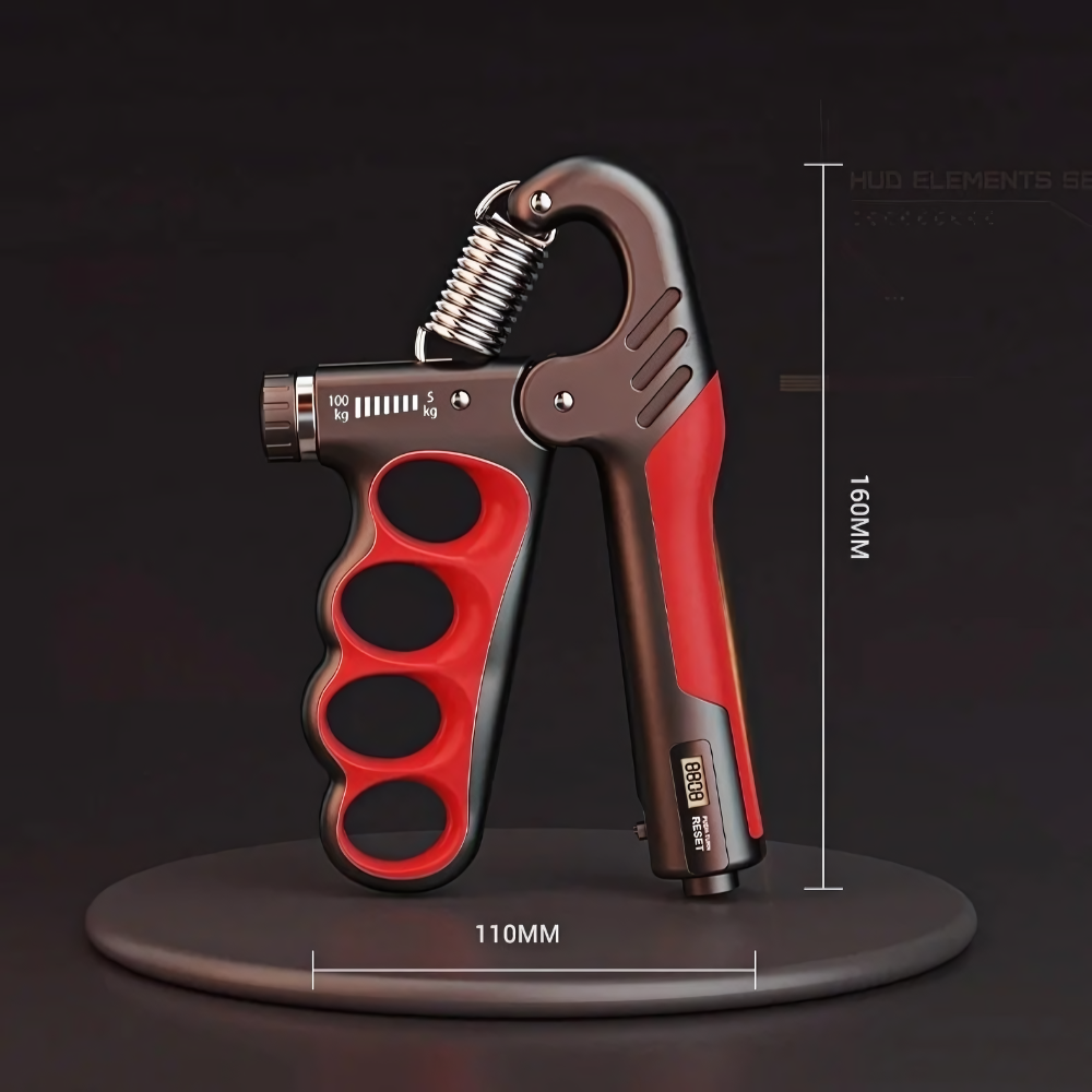 GripMaster noir et rouge avec ressort réglable, outil de renforcement pour mains et avant-bras. Résistance ajustable jusqu’à 100 kg, prise ergonomique.