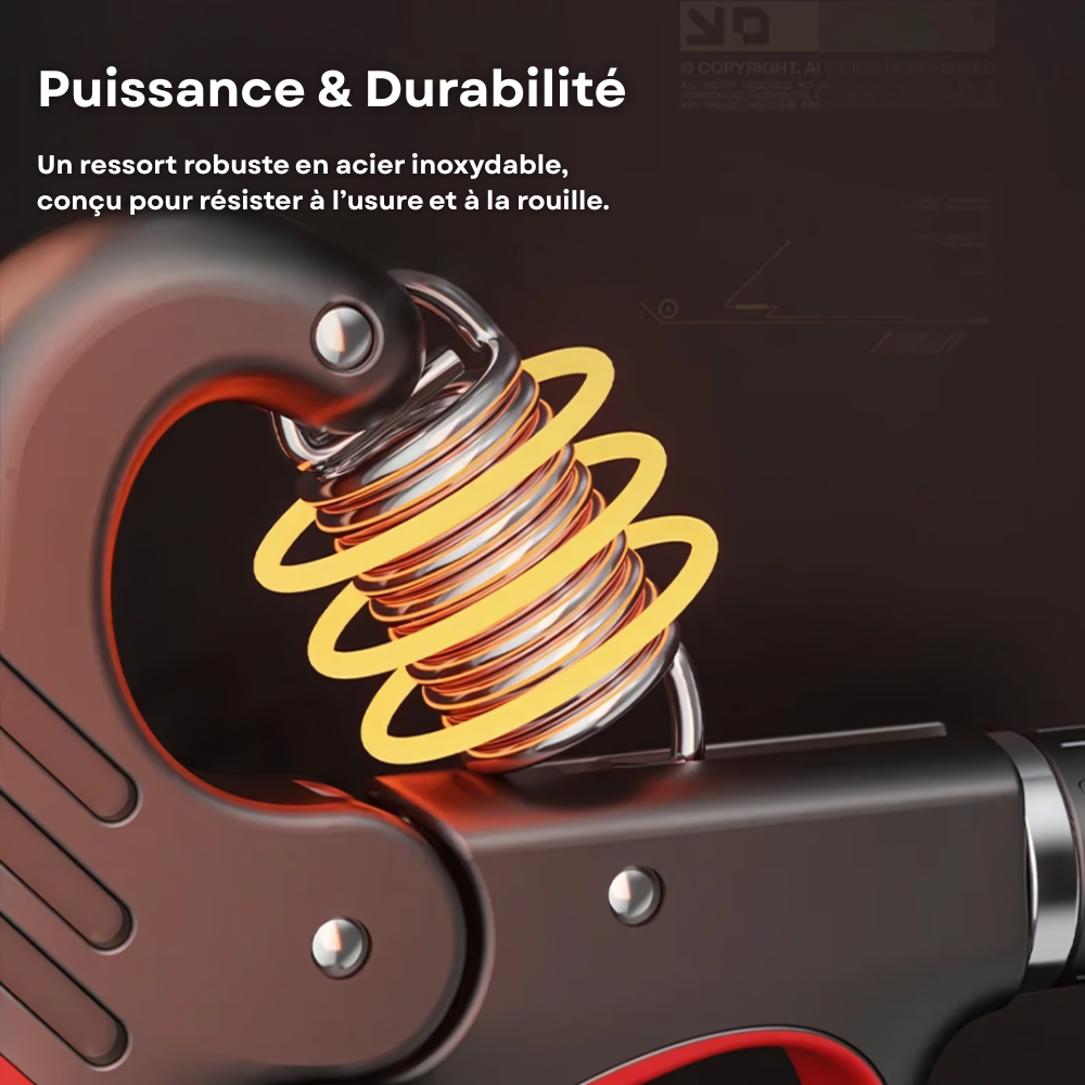 GripMaster noir et rouge avec ressort réglable, outil de renforcement pour mains et avant-bras. Résistance ajustable jusqu’à 100 kg, prise ergonomique.