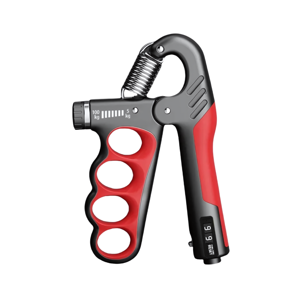 GripMaster noir et rouge avec ressort réglable, outil de renforcement pour mains et avant-bras. Résistance ajustable jusqu’à 100 kg, prise ergonomique.