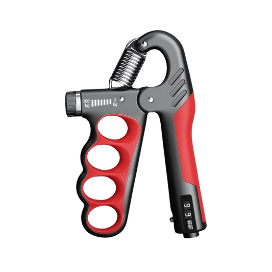 GripMaster noir et rouge avec ressort réglable, outil de renforcement pour mains et avant-bras. Résistance ajustable jusqu’à 100 kg, prise ergonomique.