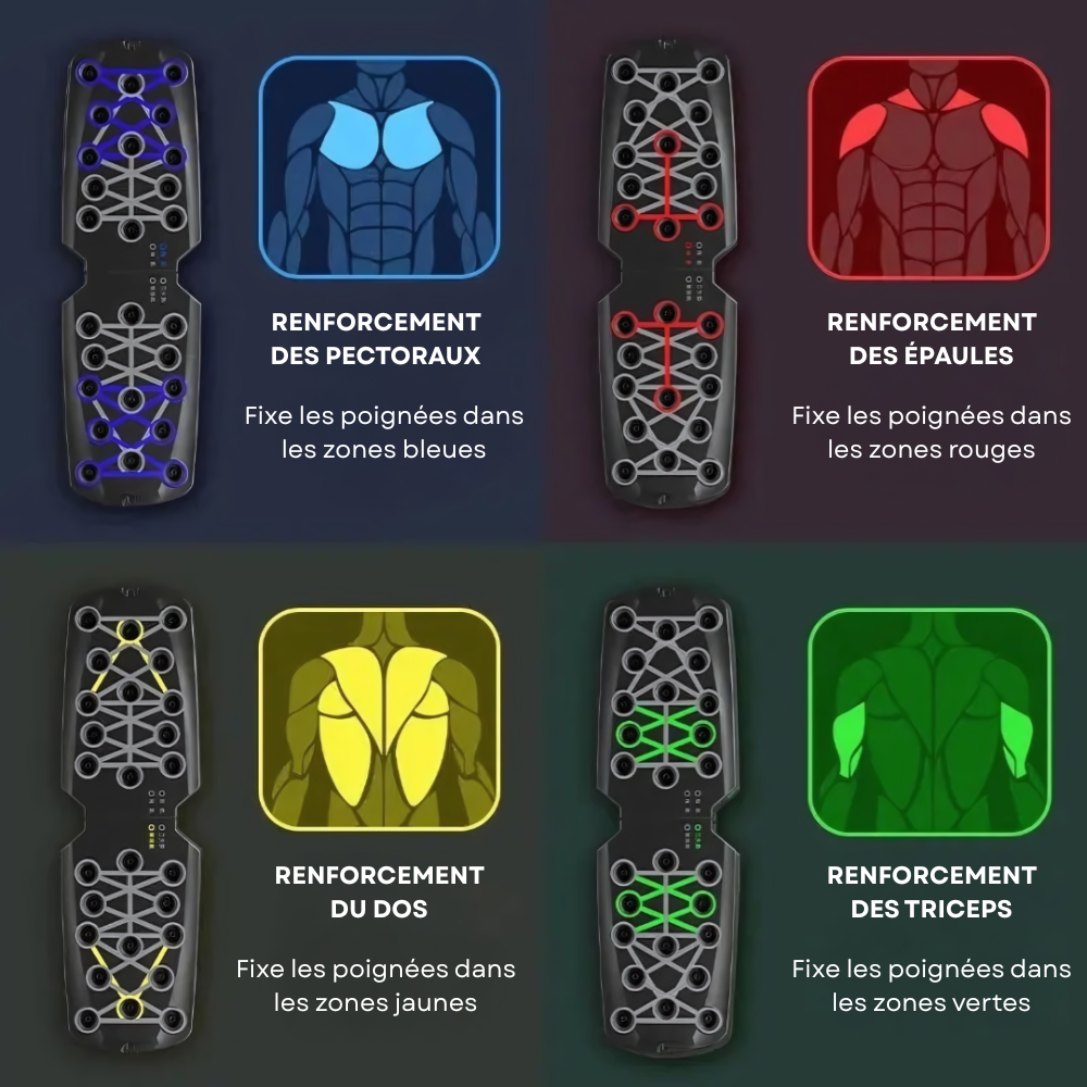 Planche PowerPush avec système de couleurs pour pompes ciblées. Musculation des pectoraux, triceps, épaules et dos, idéale pour entraînement à domicile.