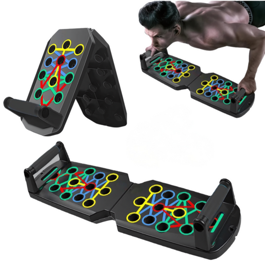 Planche PowerPush avec système de couleurs pour pompes ciblées. Musculation des pectoraux, triceps, épaules et dos, idéale pour entraînement à domicile.